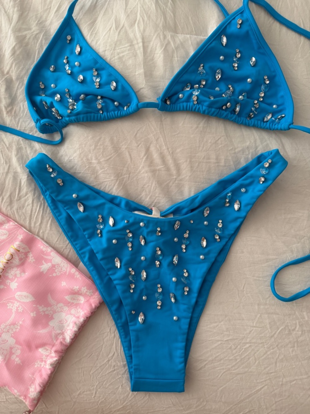 Love Shack Fancy Turquoise Rhinestone Triangle Bikini Set - Picture 2 of 5